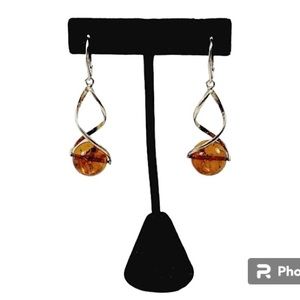 Vintage Sterling Silver and Amber orb dangle earrings